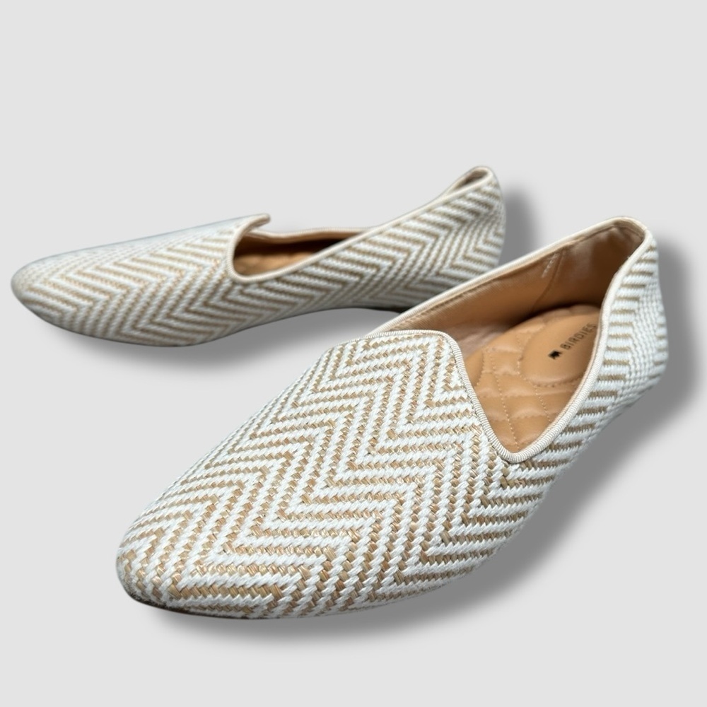 Birdies Flats Loafers Tan and White Chevron